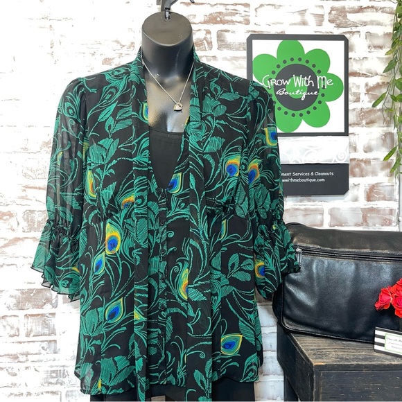 Torrid Black Blouse with Green and Blue Peacock Print 3X - Picture 1 of 5